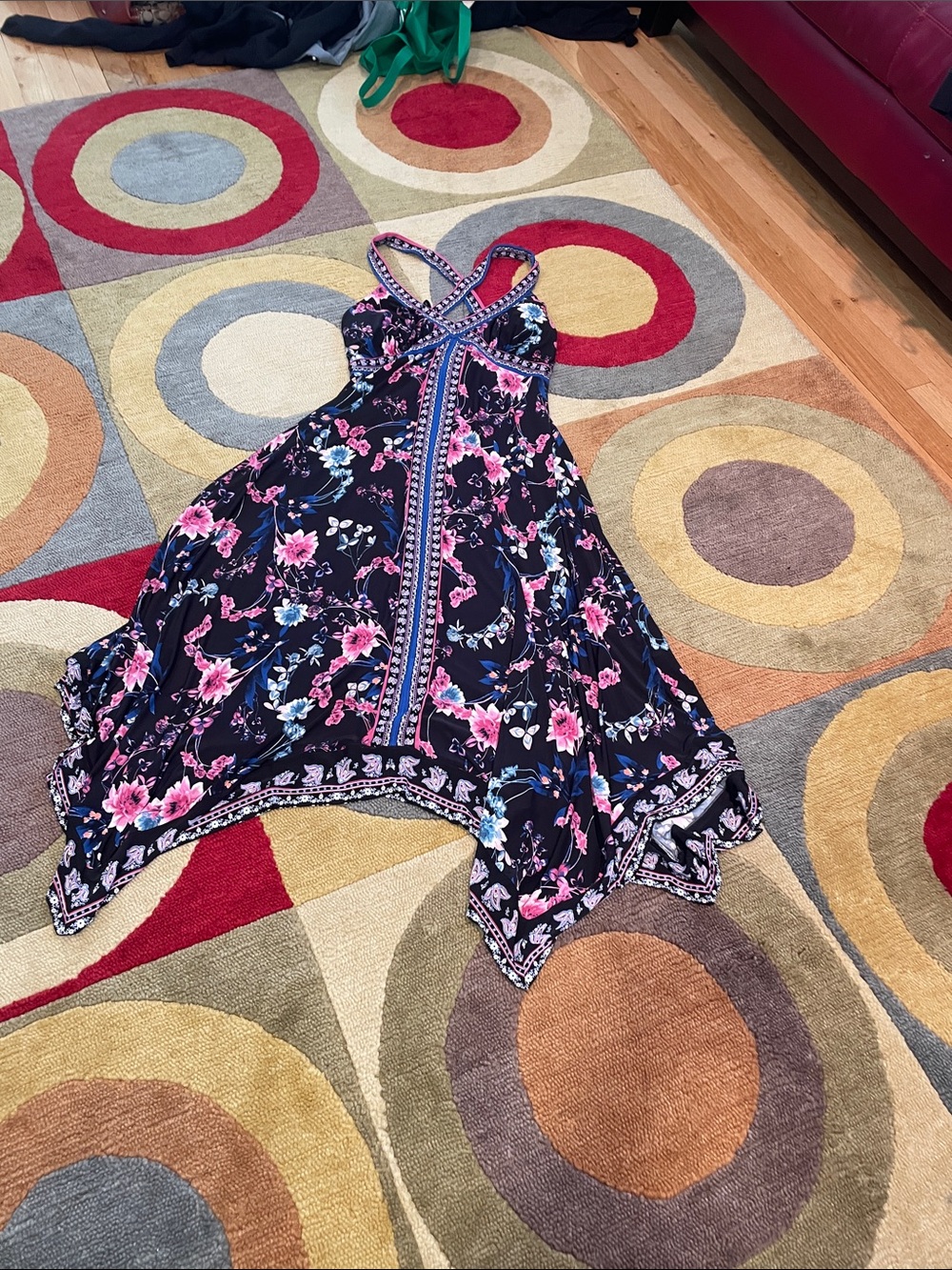 INC Black Floral Handkerchief Hem Pink/Blue Maxi Floral Dress, Boho, Western, M